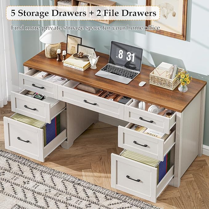Vabches Farmhouse 61'' Executive Desk with 7 Drawers, Rustic Office Desk Computer Table with File Drawers, Wood Workstation for Home Office and Study,Unique White