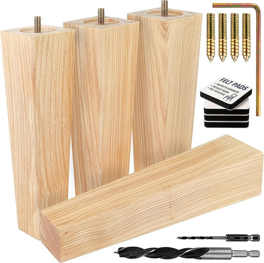 Airy Abode Premium Ash Wood Square Furniture Legs (Full Install Kit) - Pick Your Size and Color