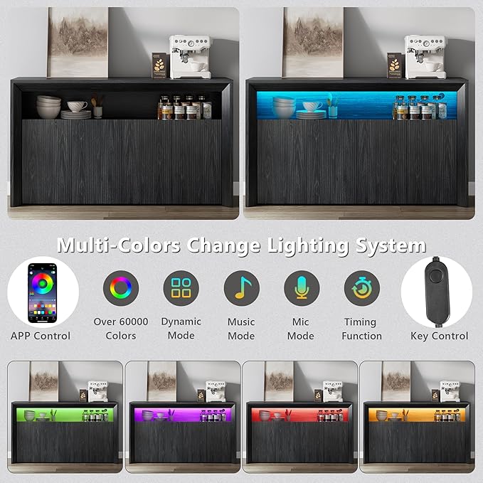 66.2" Buffet Cabinet with Storage and led Lights,Modern Sideboard Cabinet with 4 Doors & Shelves,Fluted Media Console Mid Century Coffee Bar Table for Living Room Kitchen Dining Room Hallway,Dark Grey