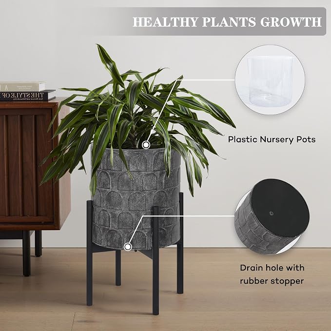 Oakrain Planters for Indoor Plants, Set of 2 Mid-Century Modern Planter with Stand, Decorative Metal Planter Pots for Living Room, Office, Garden, Balcony, 10"&12", Rustic Gray