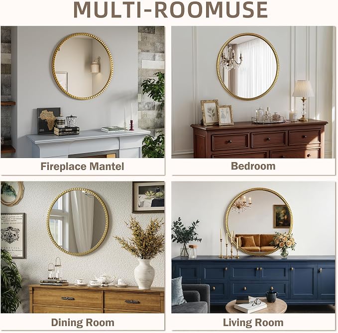 Large Beaded Round Gold Mirror 32" – Metal Frame Circle Wall Mirror, Simple Modern Accent Mirror for Bathroom, Vanity, Entryway, Living Room