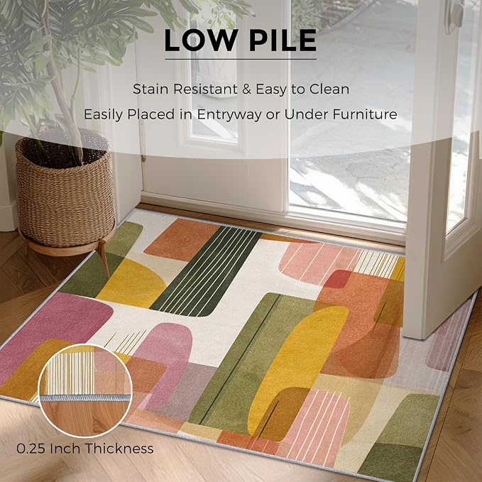 4x5 Mid Century Modern Rugs for Bedroom Decor, Washable Abstract Geometry Pattern Area Rug, Living Room Home Decoration, Non Slip Soft Thin, Boho Decor Carpet PF-P 117