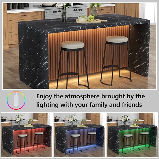 63" Large Imitation Marble Dining Table for 4-6 People(Patent Pending),Island Table with LED Lights,Mordern Marble Stripes Kitchen Dining Table with Grille design for Dining Room,Living Room (Black)