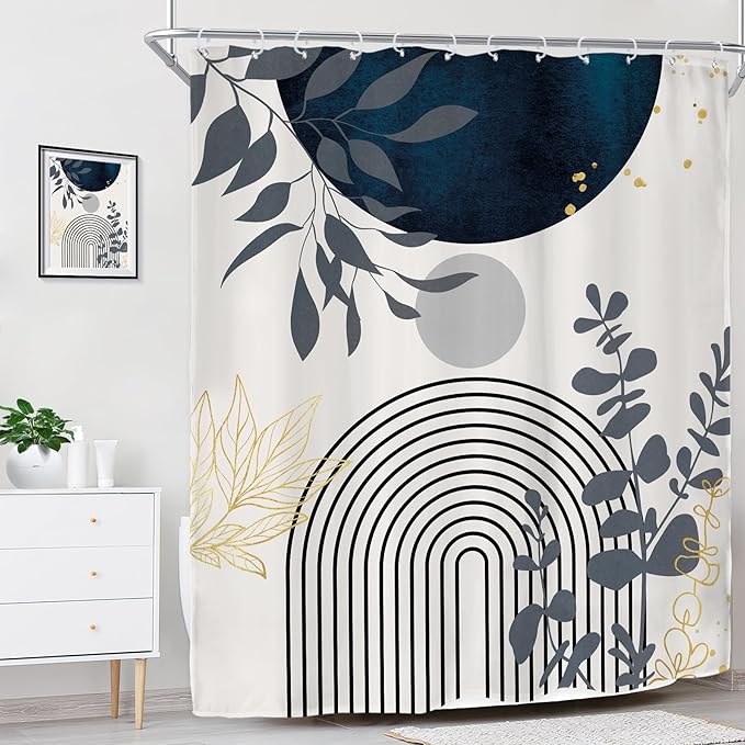 Riyidecor Navy Blue Modern Boho Shower Curtain for Bathroom Decor 60Wx72H Bohemian Abstract Arch Leaves Geometric Simple Contemporary Art Printed Fabric Polyester Waterproof 12 Pack Plastic Hooks