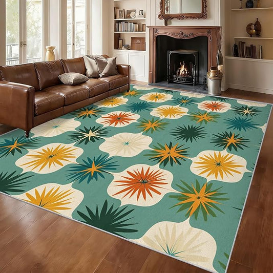 Mid Century Modern Rugs for Living Room Decor, 5x6 ft, Retro Geometric Flower Area Rugs for Bedroom, Soft Non Slip Washable 70s MCM Atomic Carpet Home Decorations D-g48