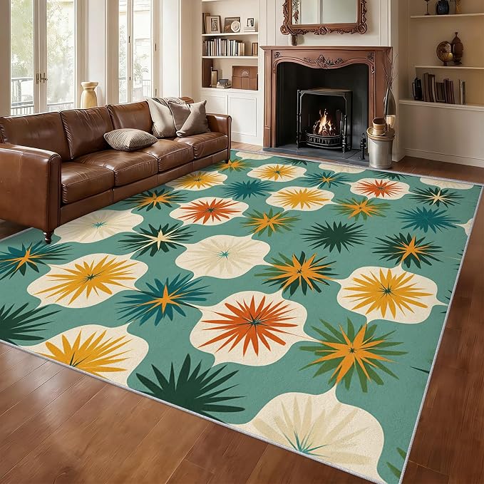Mid Century Modern Rugs for Living Room Decor, 7x9 ft, Retro Geometric Flower Area Rugs for Bedroom, Soft Non Slip Washable 70s MCM Atomic Carpet Home Decorations D-g48