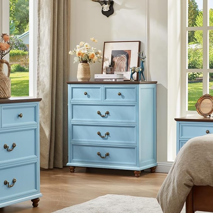 Farmhouse 5 Drawer Dresser for Bedroom, 35" Tall Rustic Chests of Drawers w/ 4 Solid Wood Feet, Mid Century Modern Wooden Closet Storage Dressers Organizer for Living Room, Hallway,Light Blue