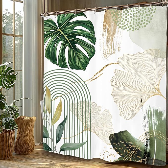 Miyotaa Abstract Ginkgo Olive Green Shower Curtain Set 60Wx71H Inches Minimalist Aesthetic Modern Contemporary Plant Leaves Polyester Waterproof Cloth Bathroom Curtain with 12 Hooks