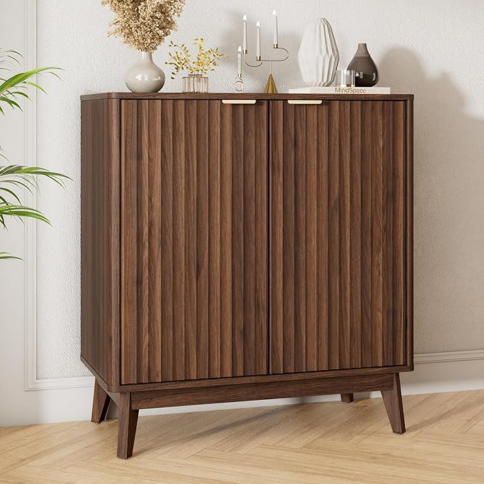 Buffet Cabinet, Small Coffee Bar Cabinet with Storage, Modern Walnut Fluted Sideboard Cabinet with Adjustable Shelf & Doors, Accent Credenza for Kitchen, Living Room, Entryway, Hallway