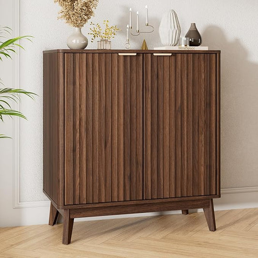 Buffet Cabinet, Small Coffee Bar Cabinet with Storage, Modern Walnut Fluted Sideboard Cabinet with Adjustable Shelf & Doors, Accent Credenza for Kitchen, Living Room, Entryway, Hallway