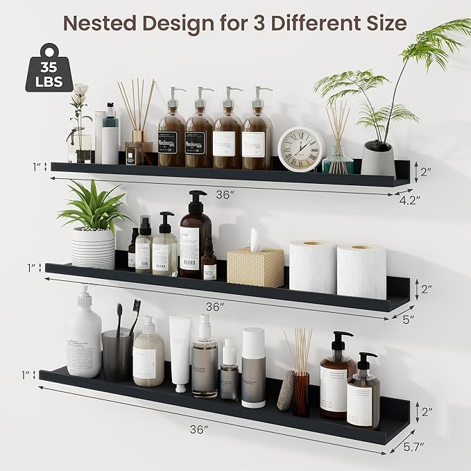 Axeman 36 Inch Floating Shelves | Black Picture Ledge Shelf Set of 3 | Rustic Wood Wall Shelves with Lip | 36" Black Picture Shelf for Wall with Ledge | Photo Shelves