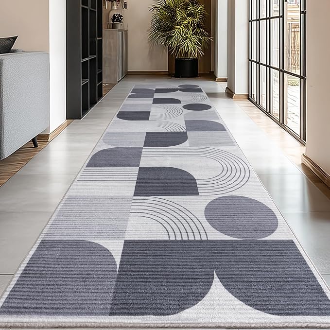 Machine Washable 2.7x10 Runner Rug, Soft Modern Geometric Abstract Grey Rugs for Bedroom Living Room, Non-Shedding Faux Wool Indoor Throw Floor Carpet for Office Entryway Dining Room Decor