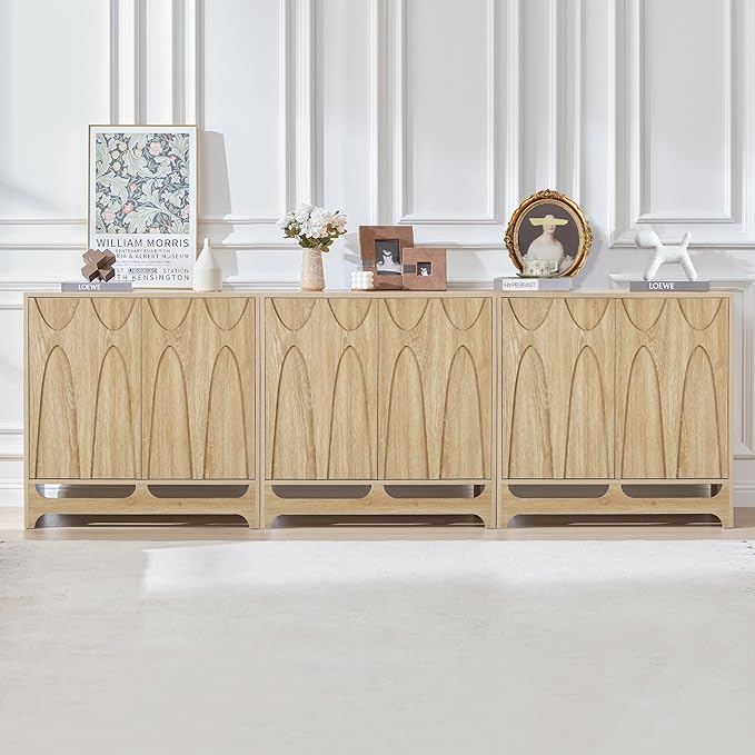 Sideboard Buffet Cabinet with Storage Set of 3, 94.5” Mid Century Modern Storage Cabinet with Adjustable Shelf and 6 Doors for Dining Room, Living Room,Entry