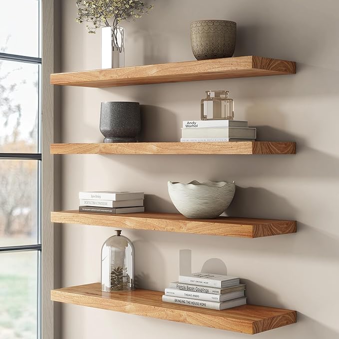 Reclaimed Elm Wood Floating Shelf for Wall, Flat Edge 55"W x 9.2"D x 1.4"H, 1 Pack with Invisible Bracket, Large Wall Mounted Shelf for Living Room Bedroom Kitchen Bathroom Decor, Natural Finish