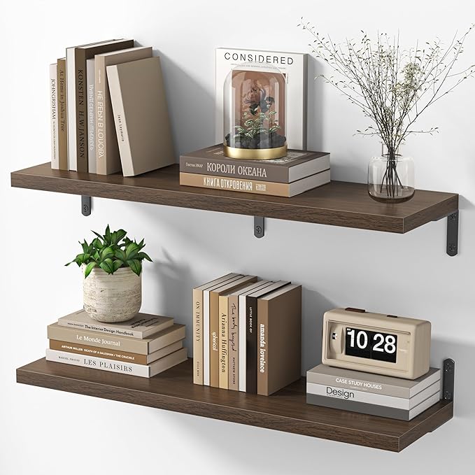 Marsmiles Extra Wide Floating Shelves for Wall, 32x8 Inch Natural Wood Grain Bookshelves, Heavy Duty Mounted Shelving for Bathroom, Kitchen, Living Room, Bedroom,Set of 2，Walnut