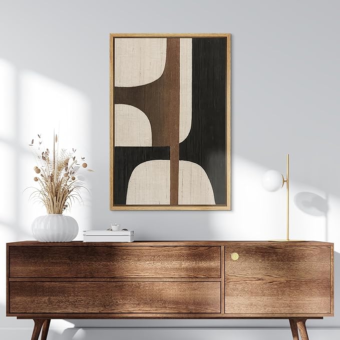 SIGNLEADER Framed Canvas Print Wall Art Bold Neutral Geometry in Black Brown and Ivory Abstract Illustration Modern Art Decorative Zen for Living Room, Bedroom, Office - 16"x24" NATURAL