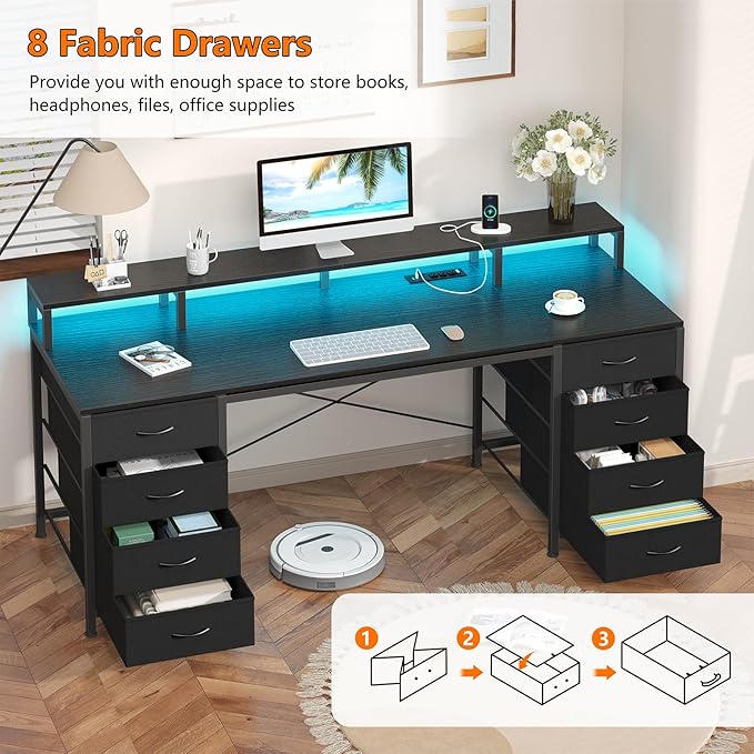 YOMILUVE 60 Inch Computer Desk with 8 Drawers, Gaming Desk with LED Lights & Power Outlets, Home Office Desk with Monitor Stand, Black