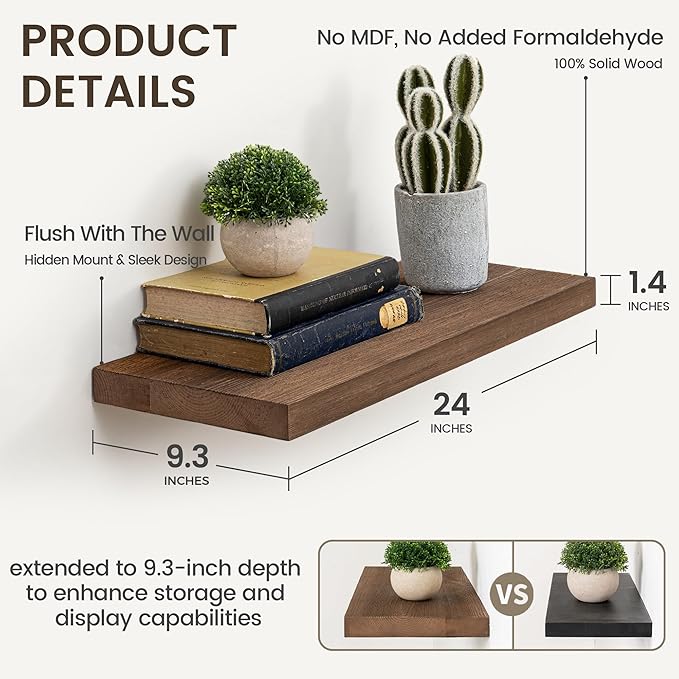 Marsmiles Floating Shelves | 24 Inch Dark Wood Wall Shelves Set of 2 | 9.3 Inch Deep Rustic Reclaimed Wood Shelves for Room Wall | Farmhouse Floating Shelves for Living Room Bathroom