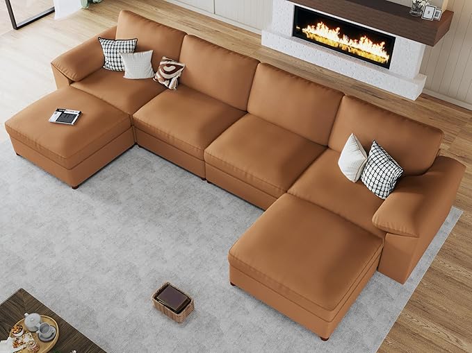 EASE MOOSE Brown Faux Leather Sectional Sofa,Leather Sectional Couch with Deep Seat,Extra Large U Shaped Couch,Oversized Modular Modern Scratch Resistant Sofas