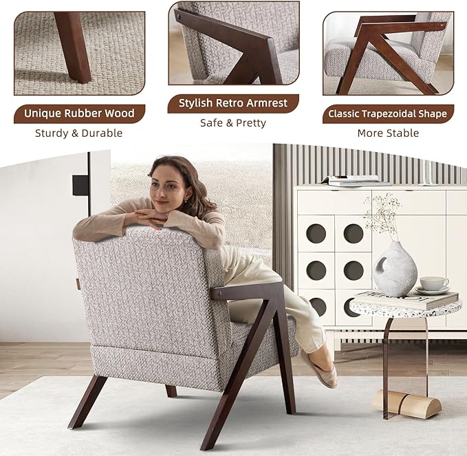 INZOY Accent Chairs Set of 2, Mid Century Modern Accent Chair with Wood Frame, Upholstered Reading Armchair with Soft Linen Fabric, Accent Chair for Living Room Bedroom, Easy Assembly, Light Brown