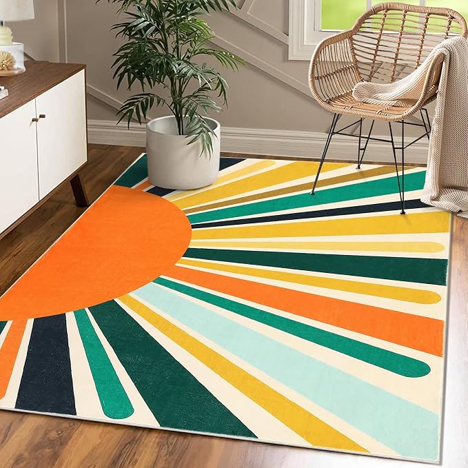 Garvee Sun Rug for Living Room, 4x6 Area Rugs Washable Non Slip Bedroom Carpet Ultra Thin Cute Soft Kids Nursery Rug, Rainbow Sun Print Non-Shedding Indoor Rugs for Entryway, Colorful Yellow Green