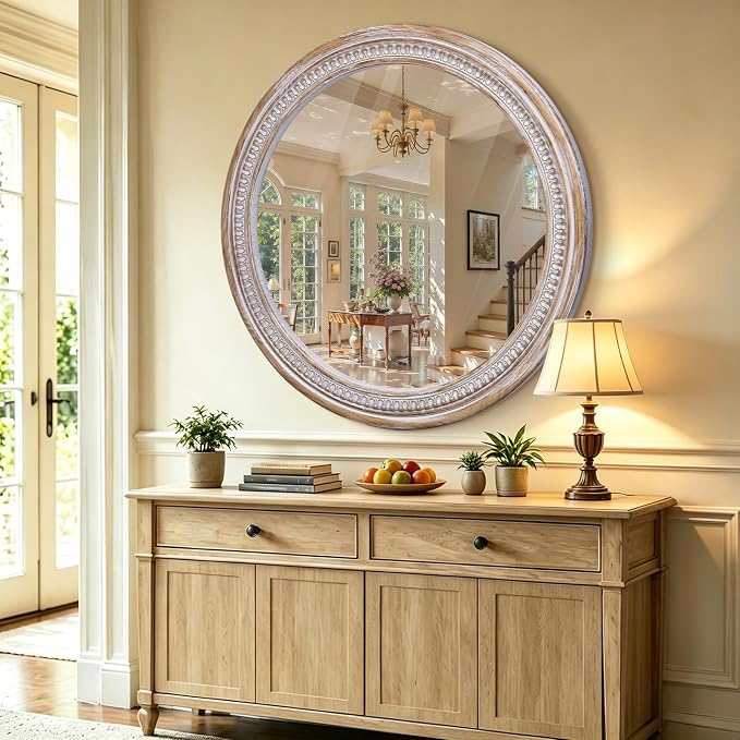 HOITUZYUS 36 Inch Rustic Farmhouse Round Mirror for Wall Decor, Boho Wooden Circle Decorative Mirrors for Bathroom Over Sink, Living Room, Entryway, Bedroom, Hallway