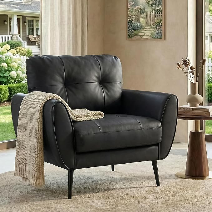 TYBOATLE Accent Chair Comfy Modern Living Room Chair Black Leather Reading Accent Chairs Tufted Mid Century Moden Arm Chair Small Salon Chair for Office Bedroom (1, Black)