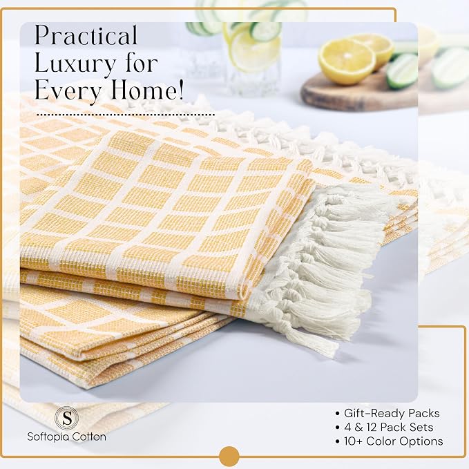 Matrix Dobby Kitchen Towels 12 Pack 100% Cotton, 16x26 Inches, Decorative Tea Towels with Handmade Tassels, Absorbent Washable Wash Cloths for Kitchen Drying - Mustard Yellow, Natural
