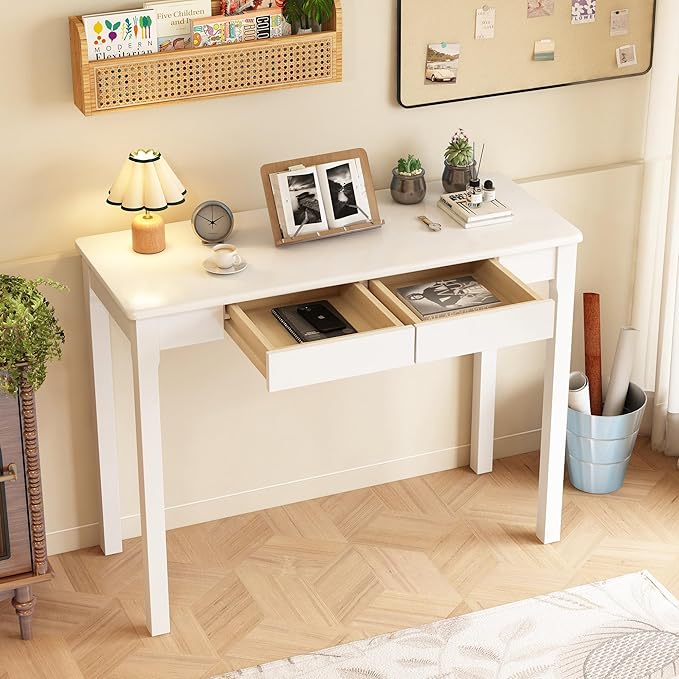 Solid Wooden Desk with Drawers - 39 x 16 Inch Modern Narrow Desks, Rubberwood Simple Study Table, Small Writing Desk for Bedroom|Small Spaces - White Desks