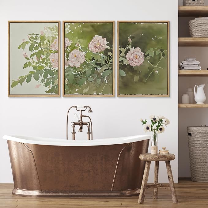 wall26 Framed Print Wall Art Set Blush Pink Rose Garden Botanical Decorative Minimal Relax/Zen for Living Room, Bedroom, Office - 24"x36"x3 Natural