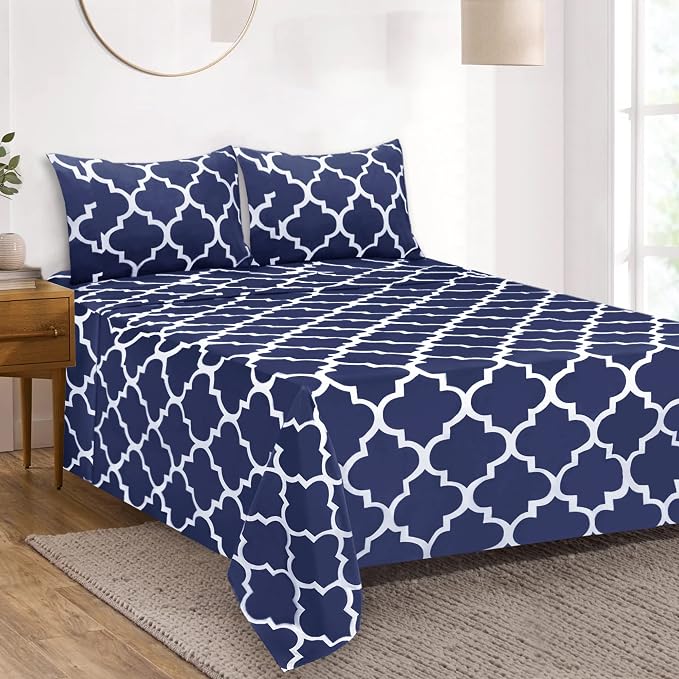 Mejoroom Full Bed Sheet Set - Super Soft Brushed Microfiber 1800 Thread Count Sheets with 16 inch Deep Pocket - Wrinkle Free - 4 Piece(Full, Navy Quatrefoil with White Pattern)