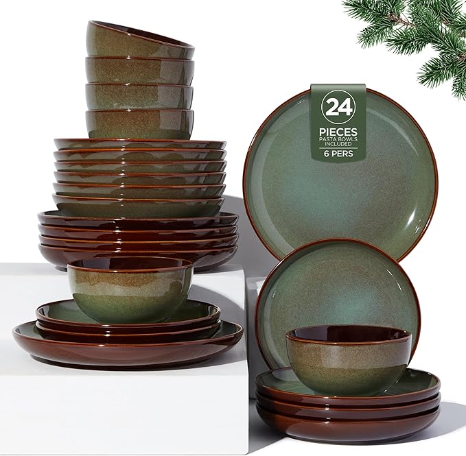 24 Piece Double Bowl Dinnerware Sets with Pasta Bowls, Highly Chip and Crack Resistant Plates and Bowls Sets, Natural Earthyware Ceramic Dishware Sets, Service for 6 Sage Green