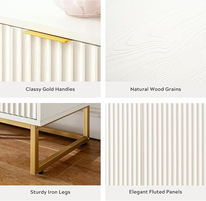 Fluted Storage Cabinets Set of 2, Sideboard Buffet Cabinet Accent Cabinet with Adjustable Shelves, Modern Credenza, Console Table Entryway Cabinets for Living Room, White