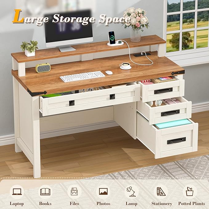Farmhouse Executive Desk with Drawers, 47" Computer Desk with Power Outlets, Home Office Desk with Monitor Stand & 4 Drawers, Small Desk Writing Study Table, Antique White