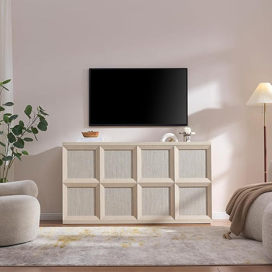 VividVibe Sideboard Buffet Cabinet with Storage, 62.9”Large Boho Credenza with 4 Doors, Coffee Bar Cabinet Farmhouse Modern for Entryway Living Room Light Oak
