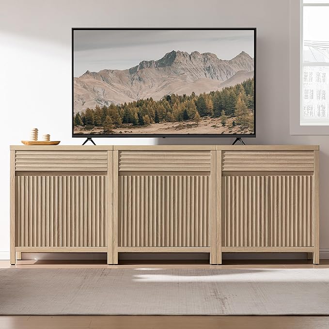 SICOTAS Sideboard Buffet Cabinet with Drawer - 58" Fluted Sideboard Modern Credenza with Doors & Adjustable Shelves, Farmhouse Coffee Bar Media Console for Living Room Kitchen Entryway, Light Oak