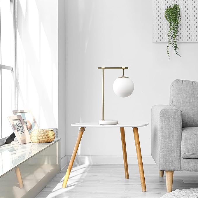 Elegant Designs LT2115-ABS 21" Mid Century Modern White Glass Globe Shade Table Desk Lamp with Antique Brass Arm and Marble Base for Study, Living Room, Bedroom, Entryway, Antique Brass