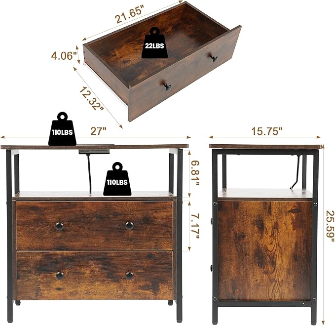 27 inch Wide Night Stand Set 2 with Charging Station, Bedside Table with Open Shelf, 2 Drawers Small Wood Dresser, Modern Wood Nightstand for Bedroom/Living Room (Retro Brown)
