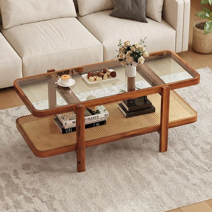 Giantex Rattan Coffee Table, 47.5" Rectangle Solid Wood Tea Table w/Tempered Glass Tabletop, Rattan Storage Shelf, 2-Tier Boho Coffee Tables, Farmhouse Center Table for Living Room (Brown)