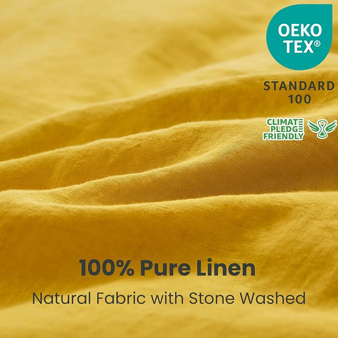 Simple&Opulence 100% Linen Duvet Cover Set 3pcs with Coconut Button Closure Natural French Washed Flax Solid Color Soft Breathable Farmhouse Bedding - Mustard Yellow, Full Size