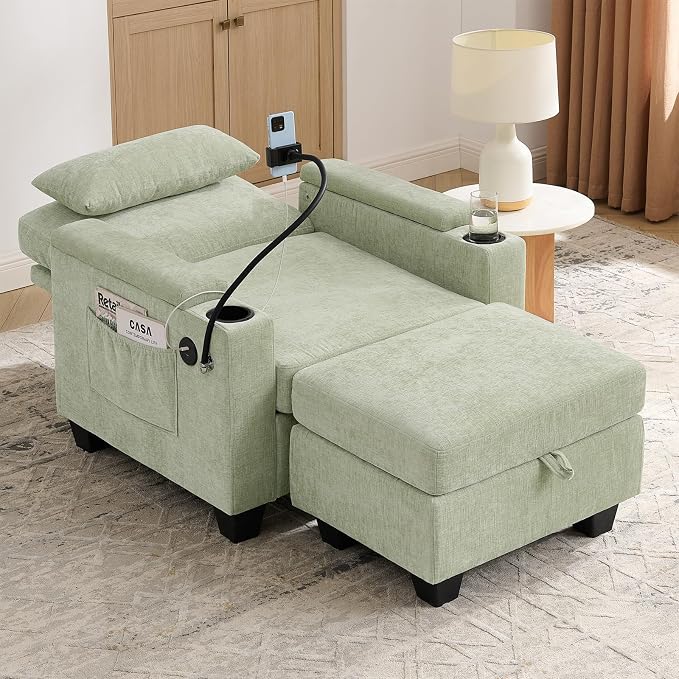 Oversized Chaise Lounge Chair Indoor, Single Convertible Recliner Reading Arm Sofa Chair W/Adjustable Backrest & Charging Port Couch Bed for Living Room, Home Theater & Bedroom, Cyan