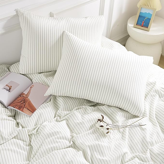 NEXHOME PRO Striped Duvet Cover Oversized King,100% Washed Cotton Bedding Set,Textured Linen Feel,Breathable,Organic,3 Piece(Green Stripes 120x98)