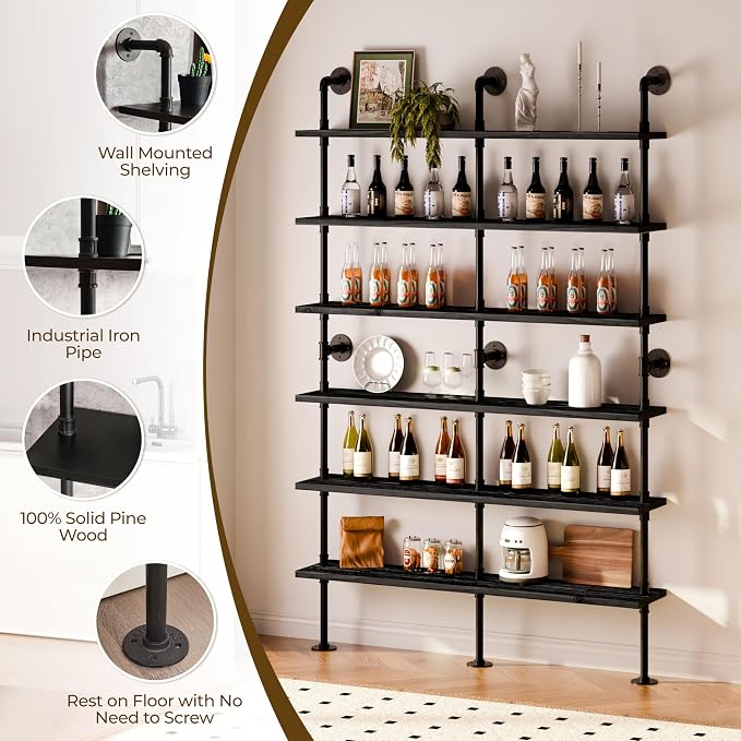 6 Tier Industrial Ladder Shelf Bookcase, Wall Mounted Rustic Bookshelf for Living Room Decor and Storage (Black, 6 Tier - 10" D x 60" W x 82.5" H)