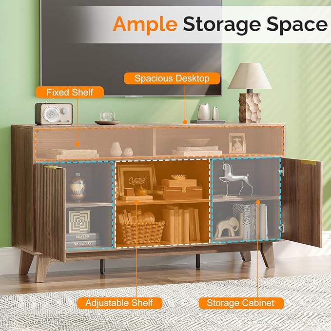 VINGLI Boho Fluted TV Stand for 70" TV, Solid Wood Entertainment Center with Storage and Shelves, Tall Media Console with Cable Management, TV Cabinet for Living Room and Bedroom, Walnut
