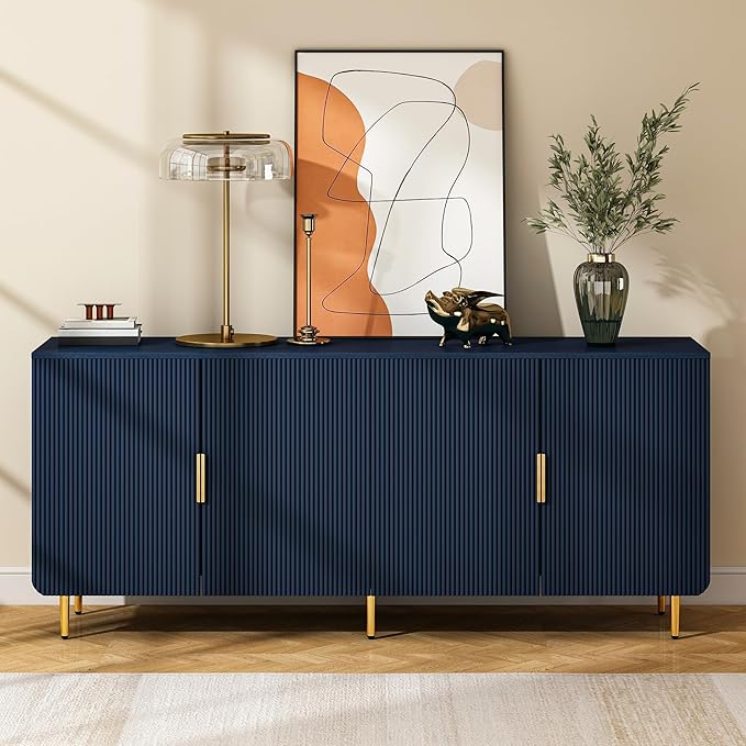 65" Fluted Sideboard Buffet Cabinet with Storage, Console Cabinet with 4 Doors & Adjustable Shelves, Modern Buffet Table for Kitchen Dining Living Room Hallway‌ Entryway, Blue