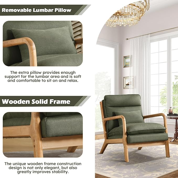 Mid Century Modern Accent Chair Set of 2, Upholstered Lounge Armchair with Plump Back Pillow, Comfy Reading Chair with Solid Wood Frame for Bedroom Living Room, Green