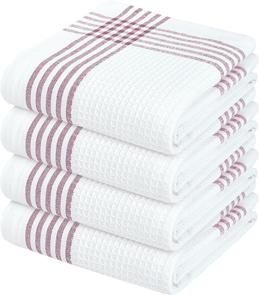 Waffle White & Burgundy Wine Dish Towels Set of 4, 100% Cotton, 16x26 inches, Reusable Cleaning Cloths for Drying Dishes, Quick Dry Kitchen Towel, Durable for Heavy-Duty Use