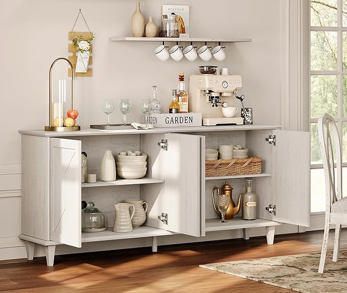 WAMPAT 130-inch Handcrafted Patchwork Decorative Buffet Cabinet with Pop-Up Design Doors,2-in-1 Large Modern Farmhouse Accent Credenza for Coffee Bar, Kitchen, and Living Room, Pale Oak
