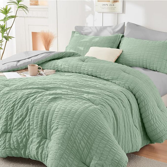 HYMOKEGE Sage Green/Light Grey California King Comforter Set Seersucker 7 Pieces, All Season Luxury Bed in a Bag for Bedroom, Bedding Set with Comforter, Sheets, Pillowcases & Shams