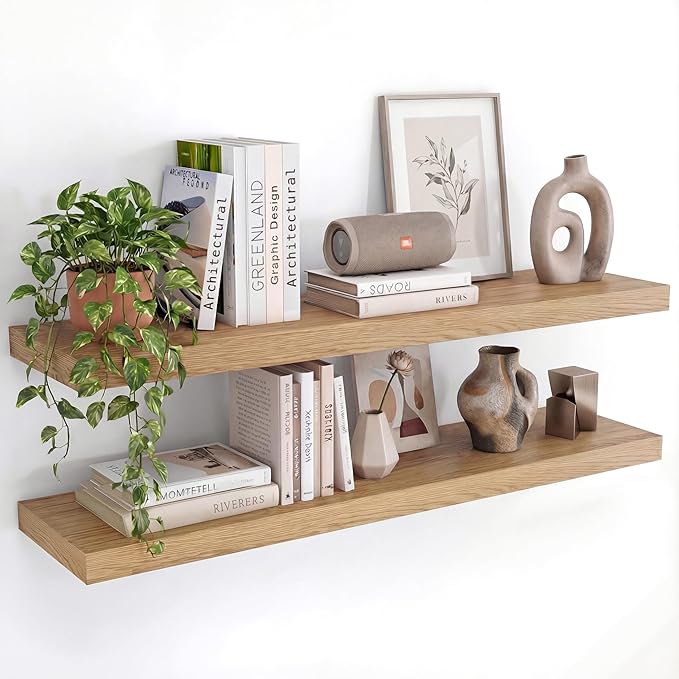 INHABIT UNION Oak Floating Shelves Set of 2，35in Wall Mounted Display Ledge Shelves for Bedroom, Bathroom, Living Room and Kitchen Decoration Storage